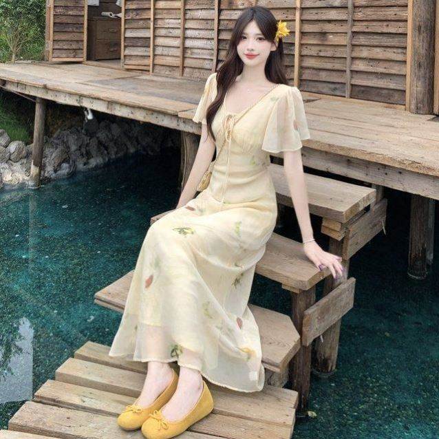 气质荷叶边碎花短袖长裙子大码法式温柔风v领连衣裙女夏季微胖mm