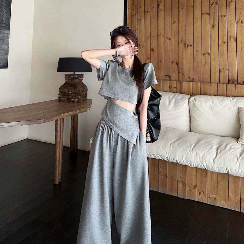 2026夏季新款露脐上衣阔腿裤两件套女韩版减龄显高休闲运动套装
