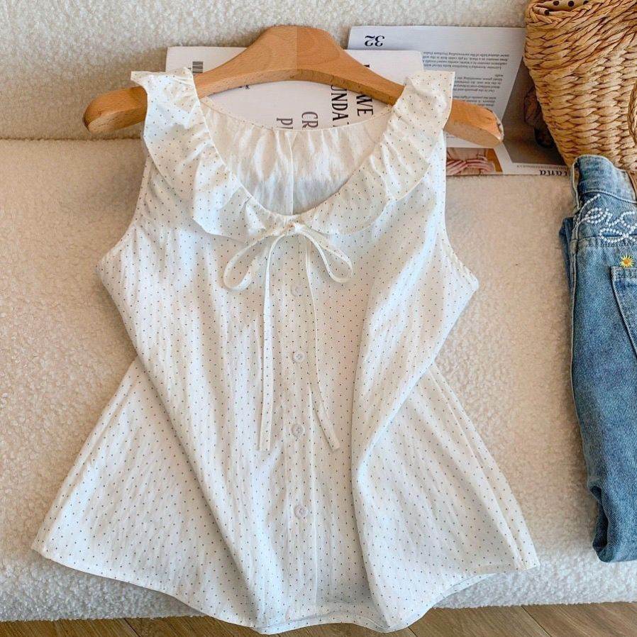 韩系白色波点系带无袖背心女夏季荷叶边设计感甜辣妹短款上衣