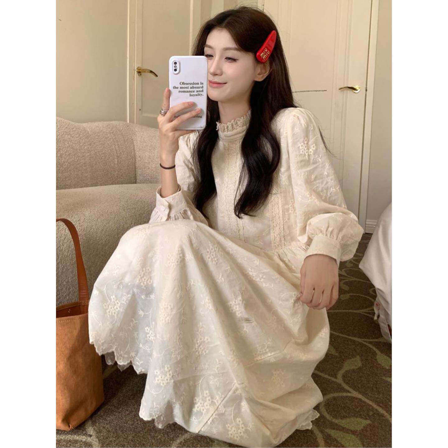 蕾丝花边半高领加绒加厚连衣裙春夏款女高腰显瘦打底内搭法式长裙