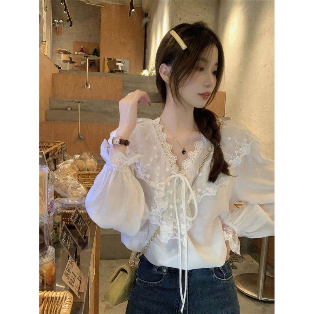 韩系V领蕾丝荷叶边超仙白色衬衫女春季甜美减龄百搭气质长袖上衣