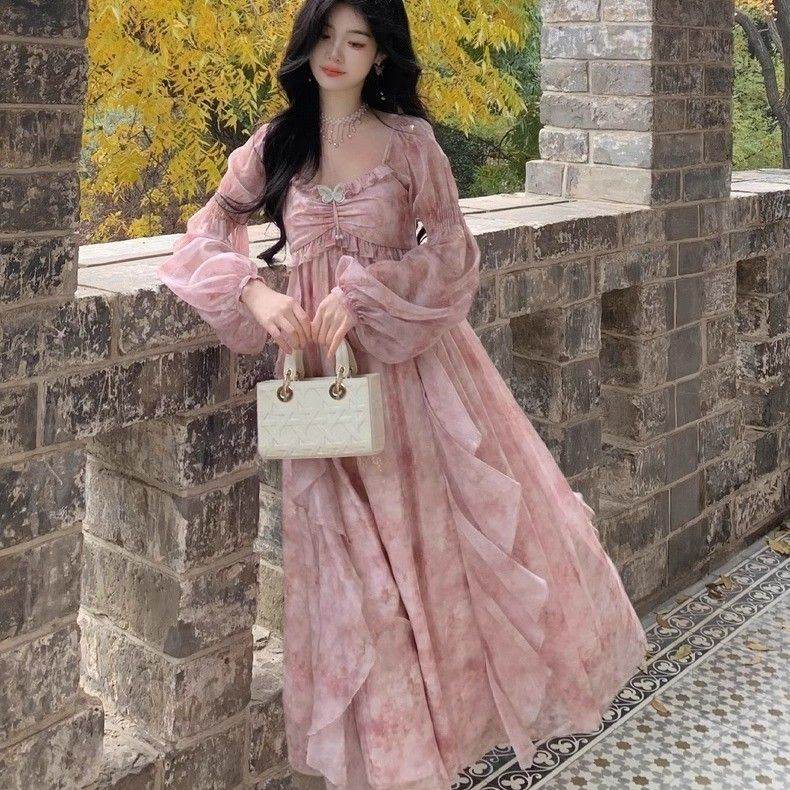 连衣裙女方领夏季法式甜美蝴蝶烫金雪纺度假风长裙子