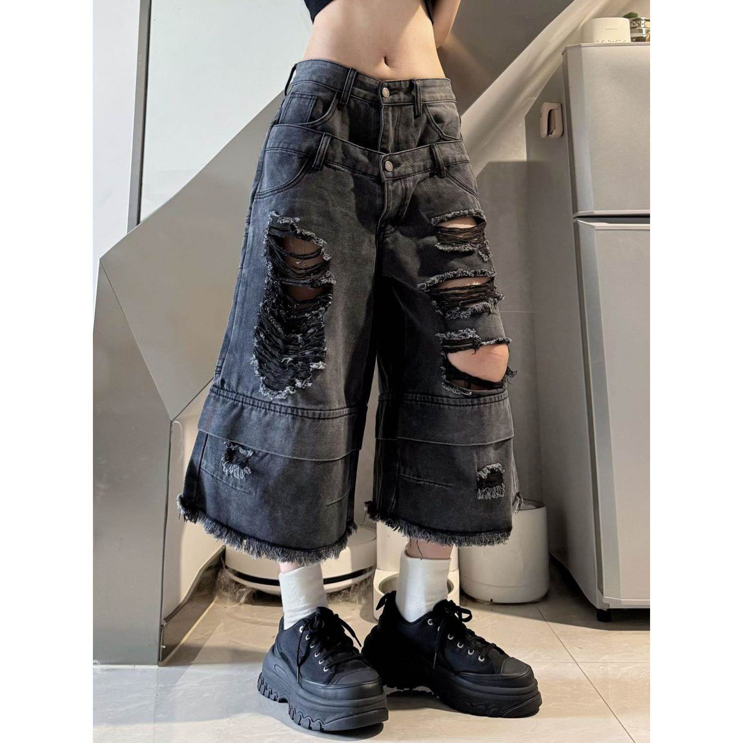 美式高街重工水洗破洞牛仔七分裤男女同款双腰头拼接短裤子