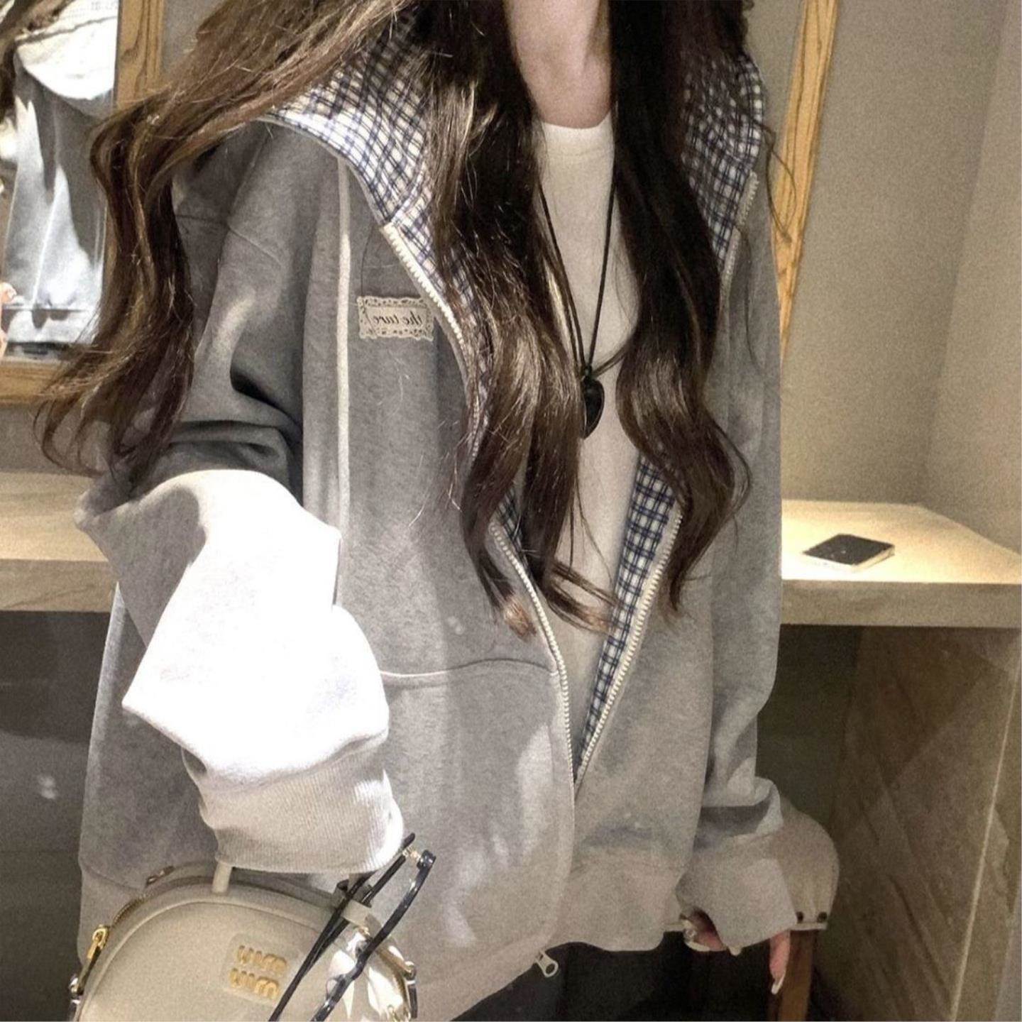 韩系新款格子拼接拉链连帽卫衣外套女2026春季宽松韩版慵懒bf帽衫
