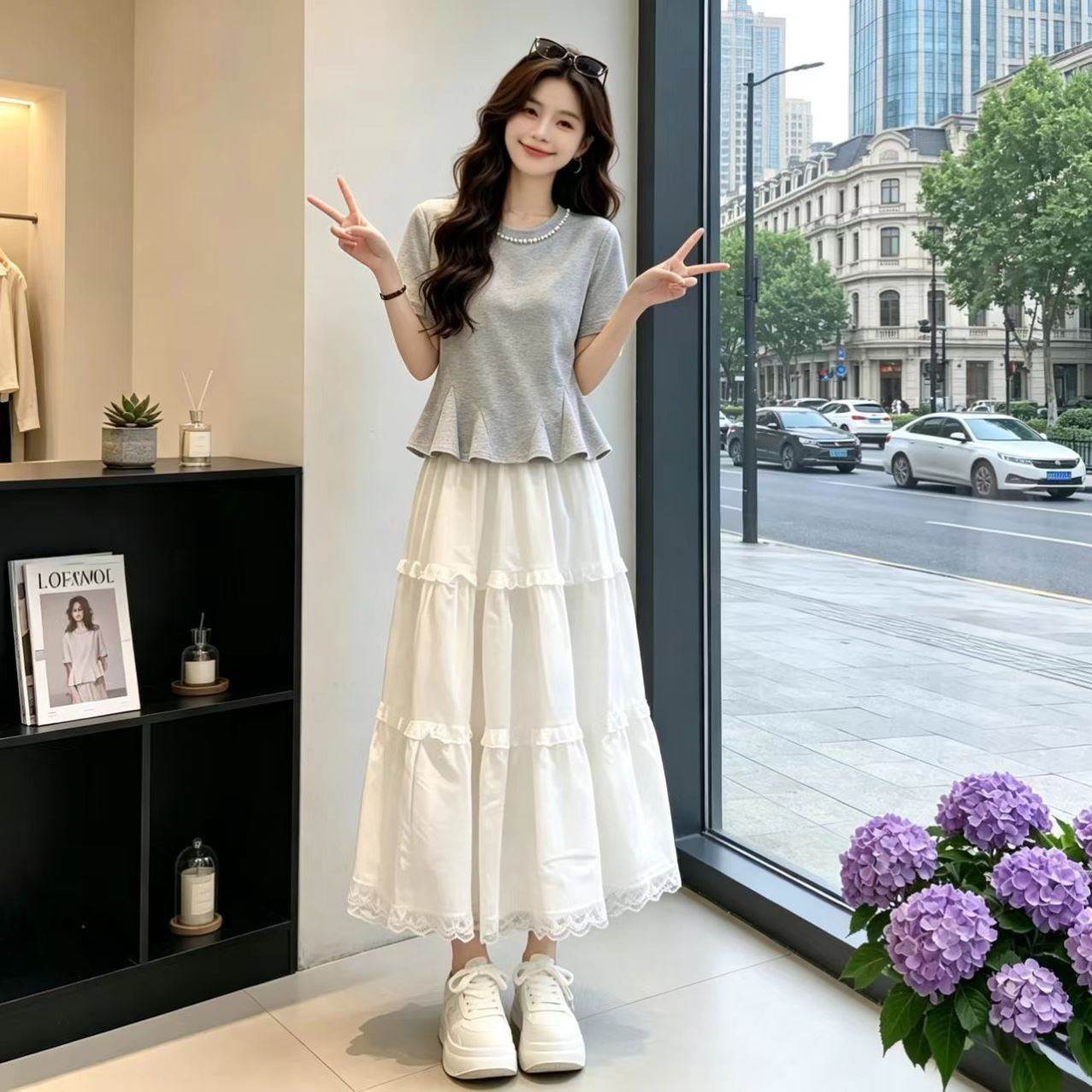套装女韩系甜美荷叶摆短款T恤女高腰半身长裙套装减龄显瘦一整套