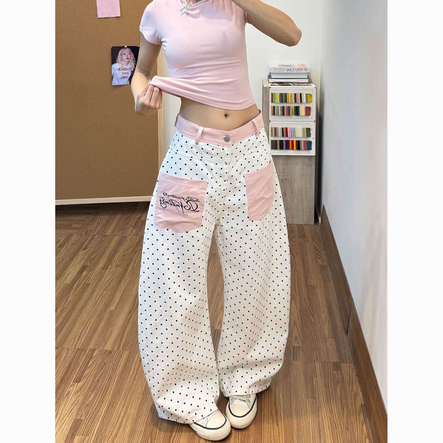 白色波点弯刀牛仔裤裤子女款2026夏季款百搭小众设计感宽松阔腿裤