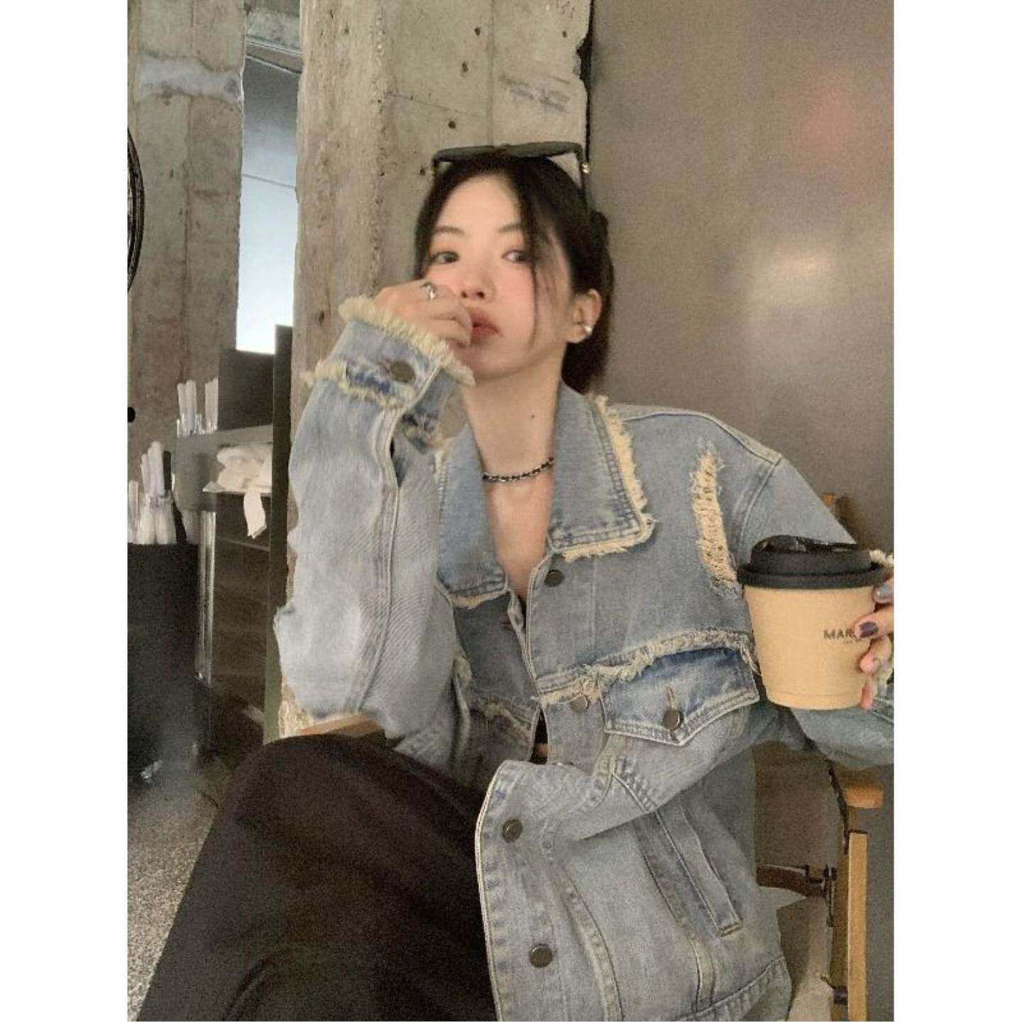复古毛边做旧牛仔外套女秋冬款设计高级感炸街宽松bf风夹克衫上衣