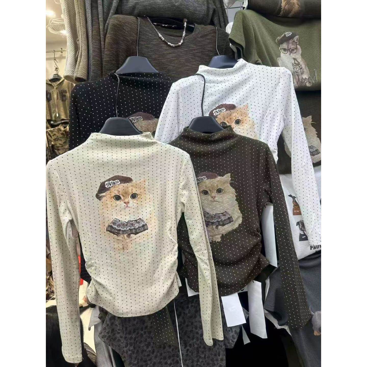 韩系甜辣风波点小猫印花半高领长袖T恤女秋冬设计小众上衣