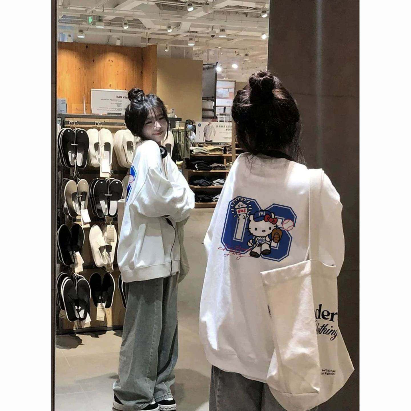 美式复古Kitty猫圆领长袖卫衣女春秋新款宽松设计感学院风上衣ins