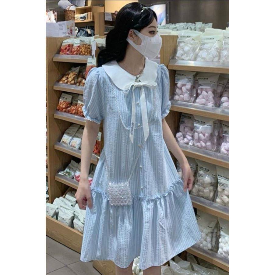 娃娃领蓝色条纹连衣裙法式小众减龄少女大童高中学生初中生衬衫裙