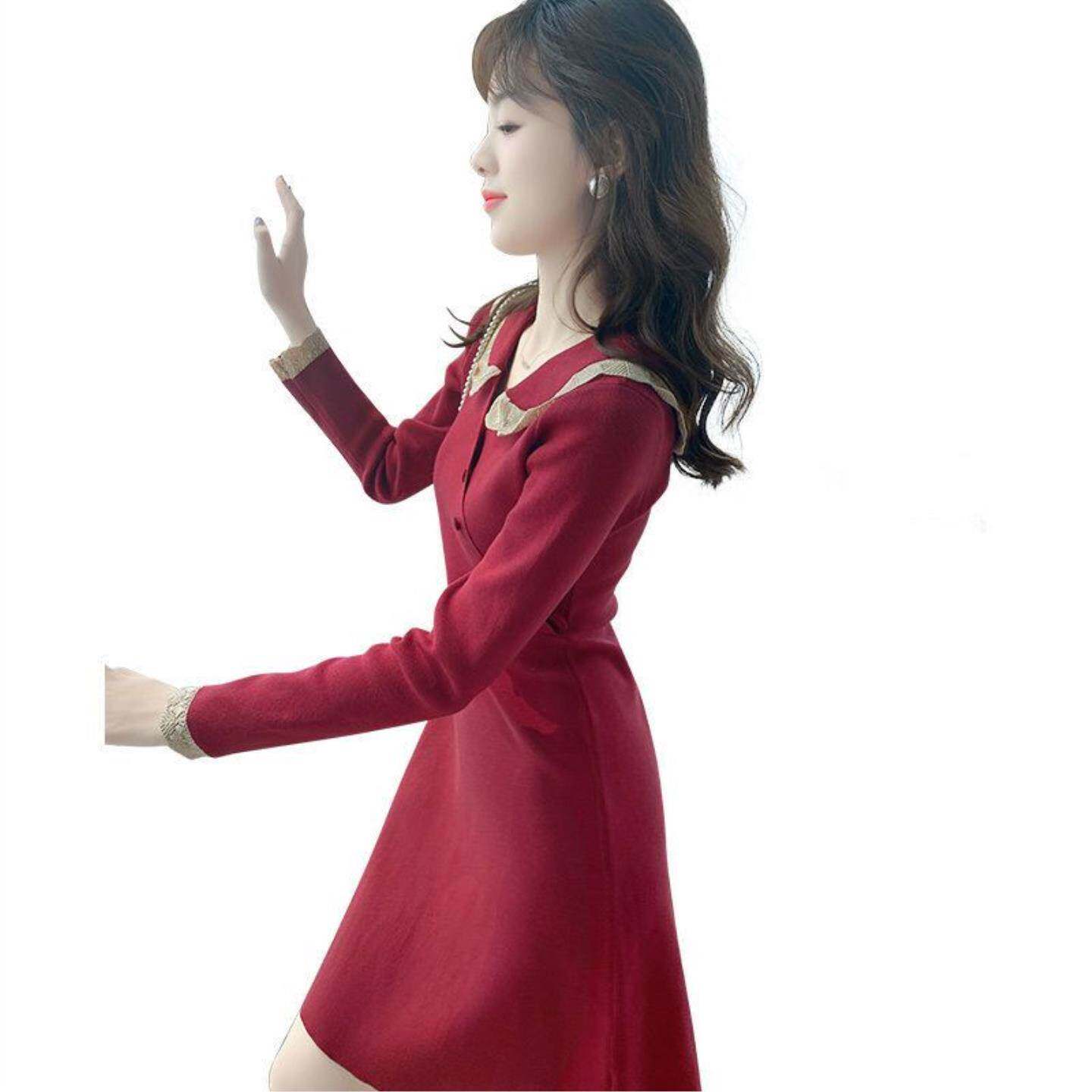 娃娃领针织长袖拼接连衣裙春装新款女2026年设计感小众气质a字裙