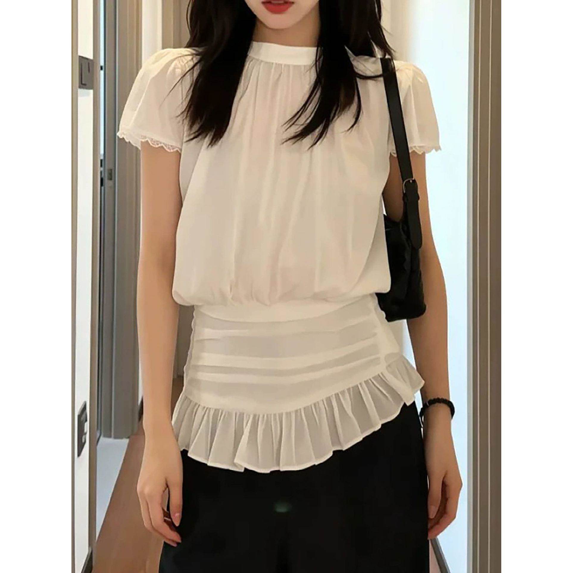韩版微透蕾丝系带收腰短袖衬衫女2026夏季款独特别致漂亮小衫上衣