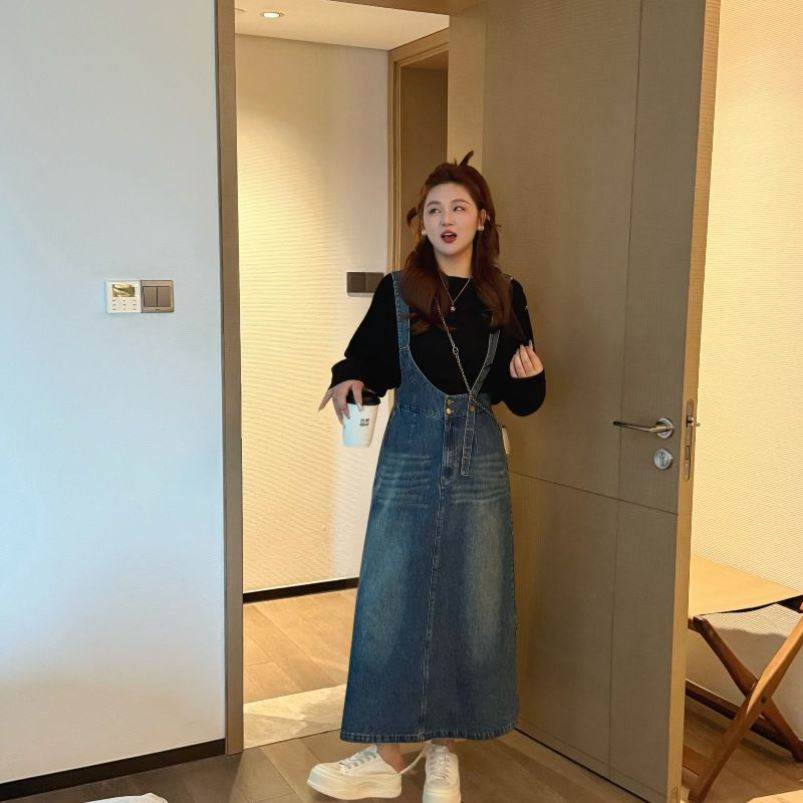 微胖女装2026年春装新品打底衫牛仔背带裙