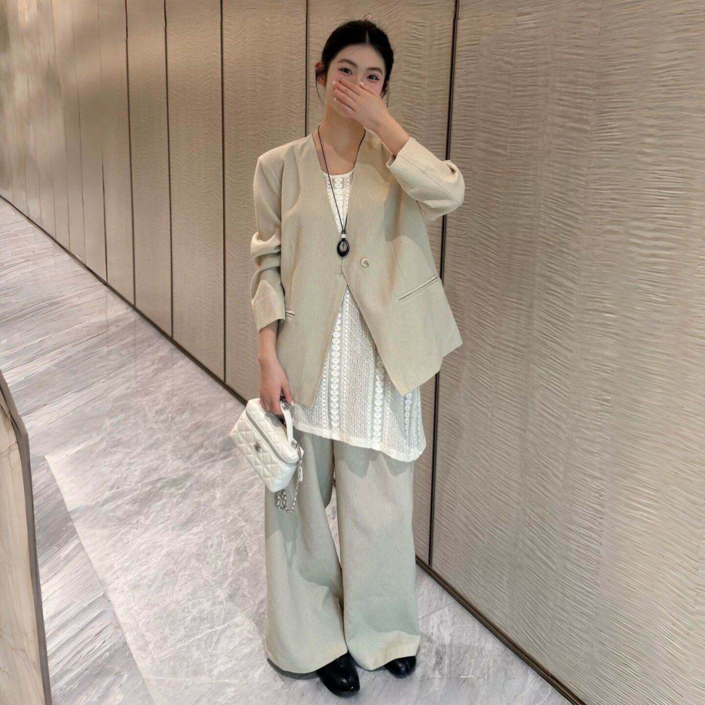 韩系西装蕾丝背心阔腿裤三件套裤2026春夏新款洋气通勤高级小个子