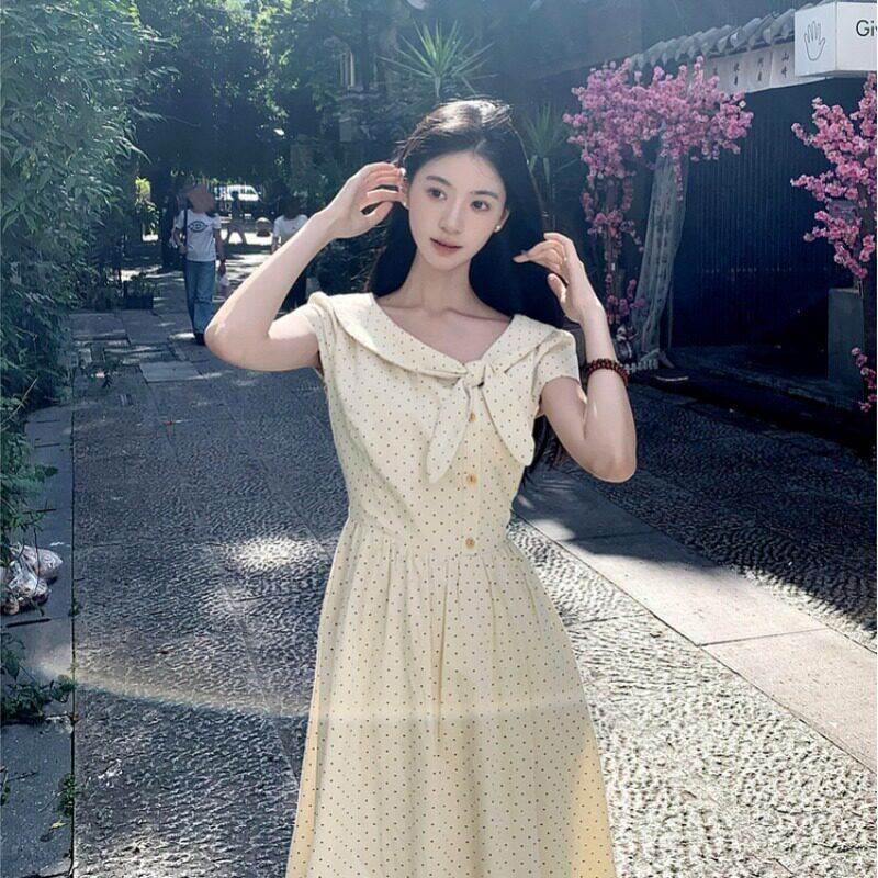 清新少女波点蝴蝶结兔耳朵短袖收腰连衣裙夏季女时尚长裙