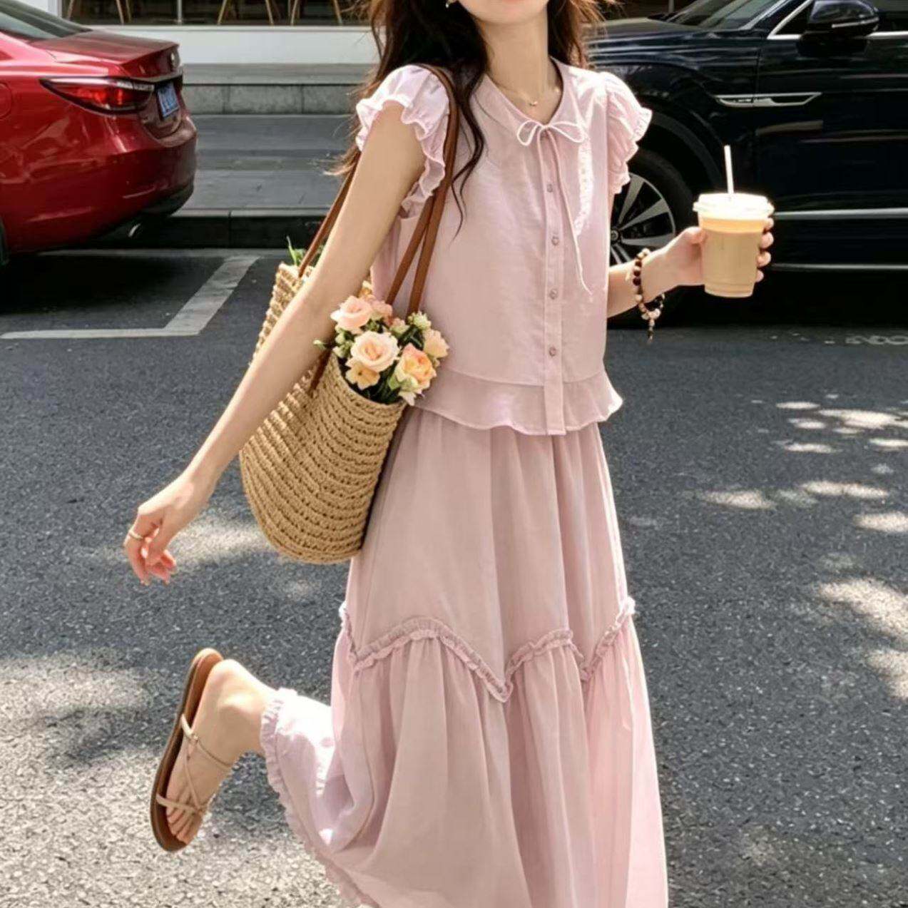 少女心荷叶边连衣裙套装高级小个子绝美小套装新品洋气气质2026新
