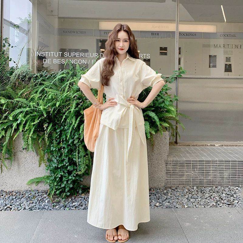 法式高级感绑带收腰短袖衬衫高腰半身裙套装女时尚气质显瘦两件套