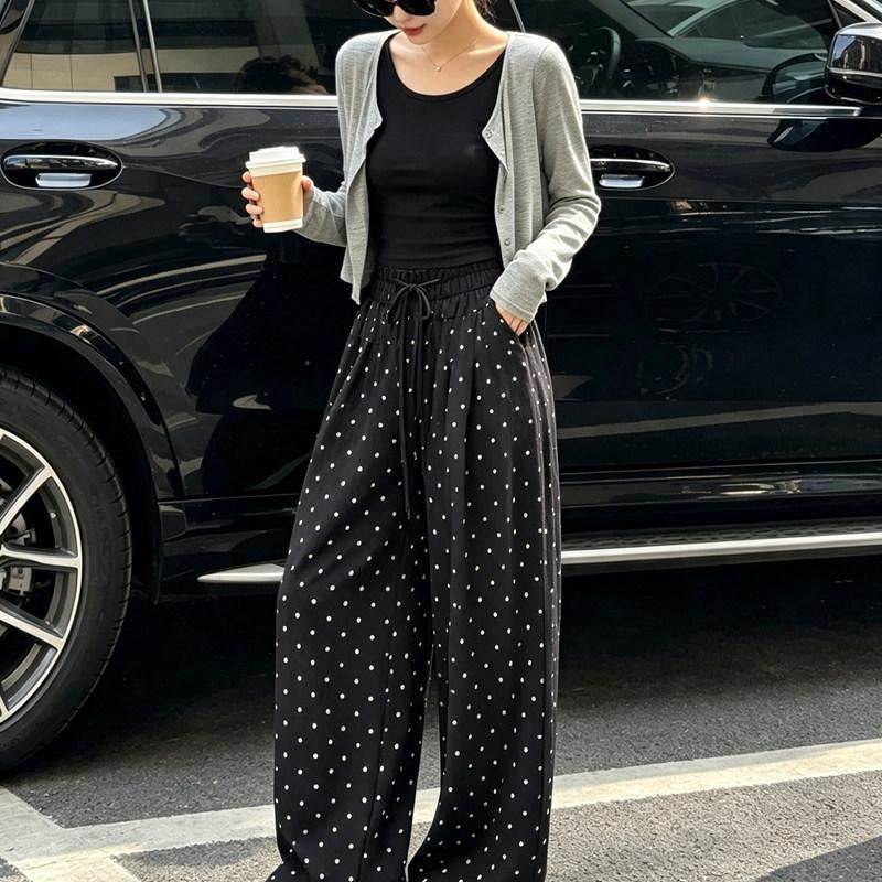 2026新款夏季时尚针织开衫内搭背心波点阔腿裙裤气质三件套女