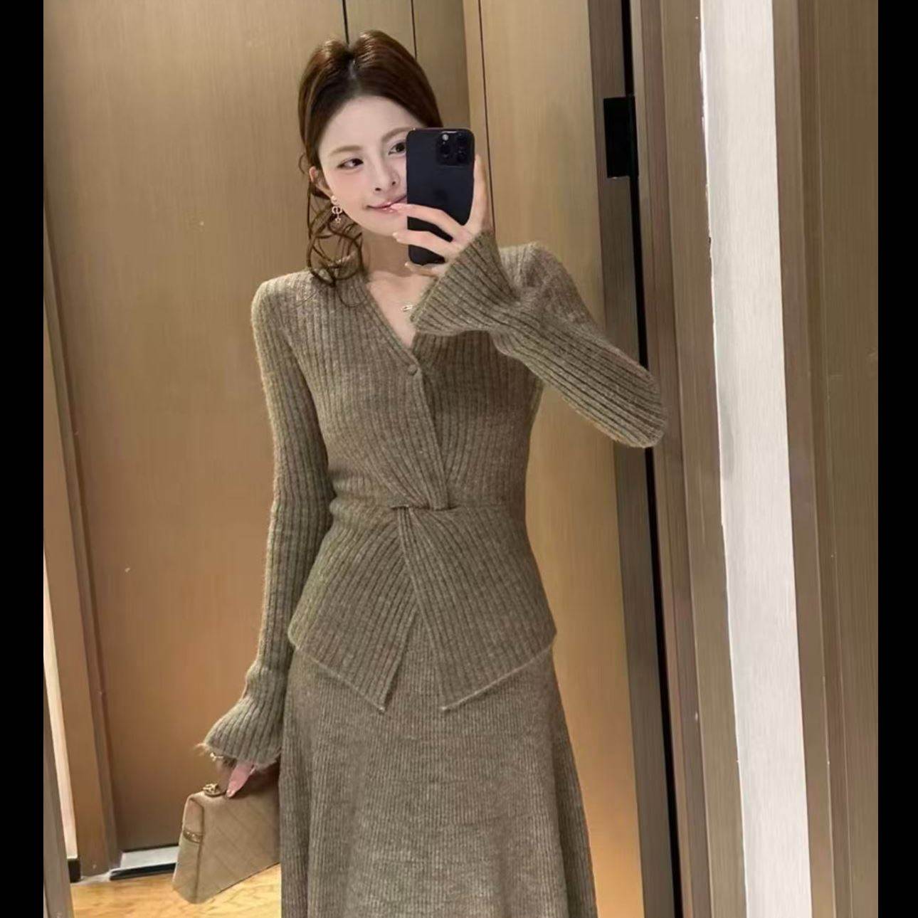 甜美风套装时尚套装森系长袖修身收腰春夏时尚女半身裙