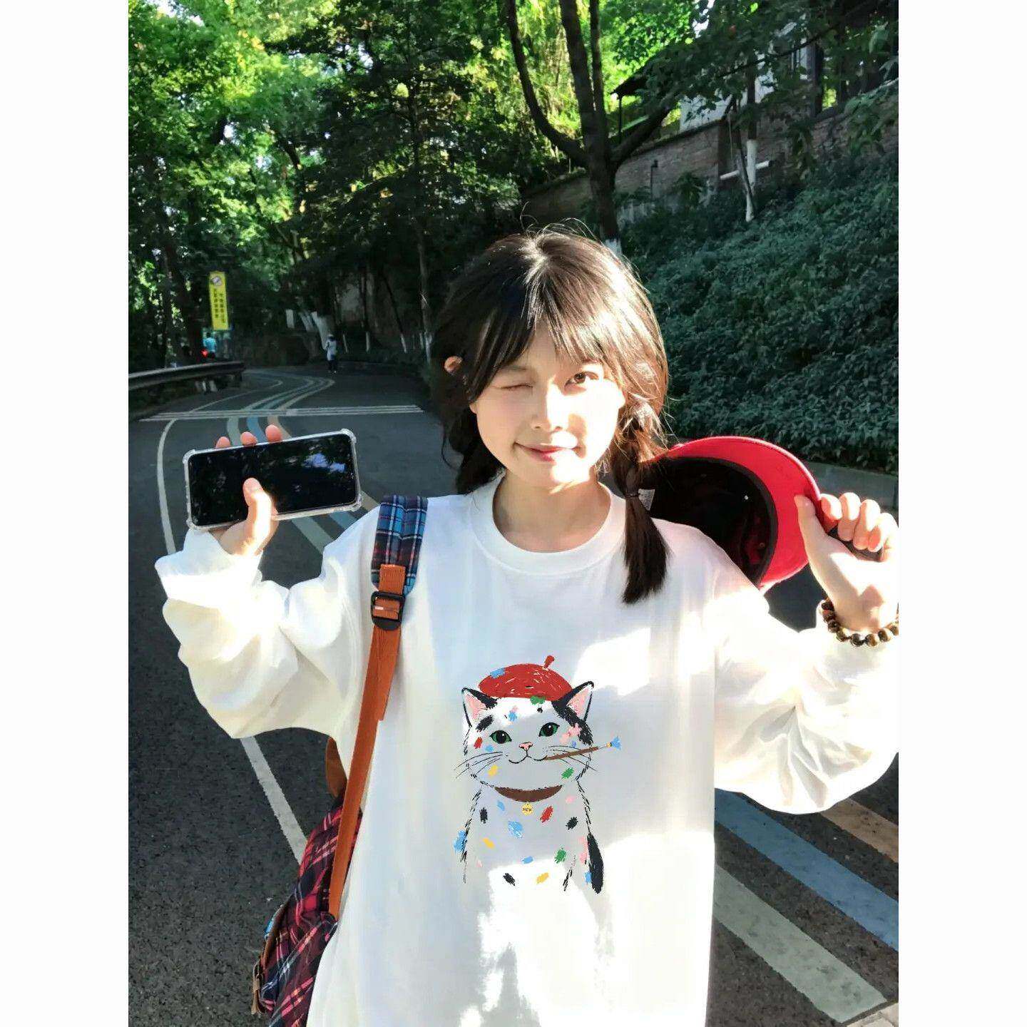 艺术猫咪印花重磅长袖t恤女秋季宽松显瘦舒适潮学生打底上衣