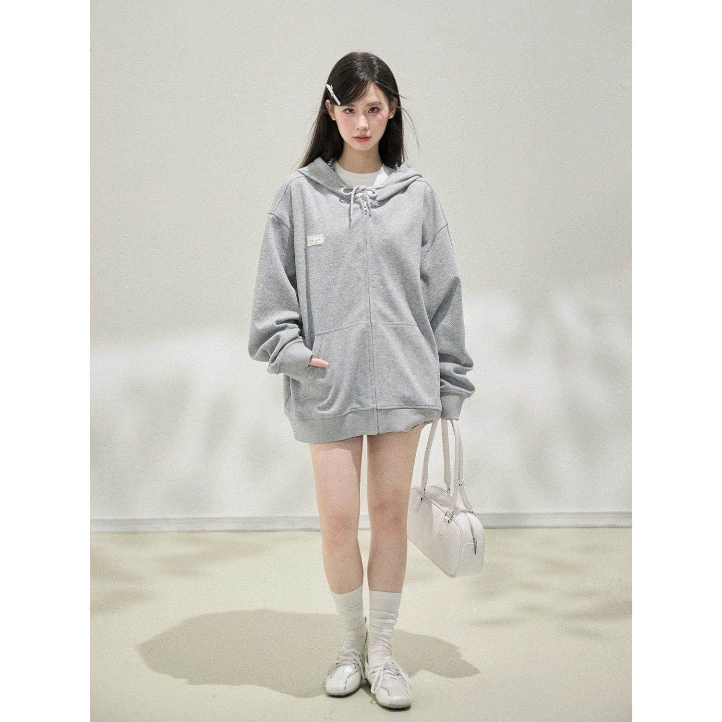 韩版慵懒设计格子拼接连帽外套女春夏百搭宽松休闲长袖拉链卫衣