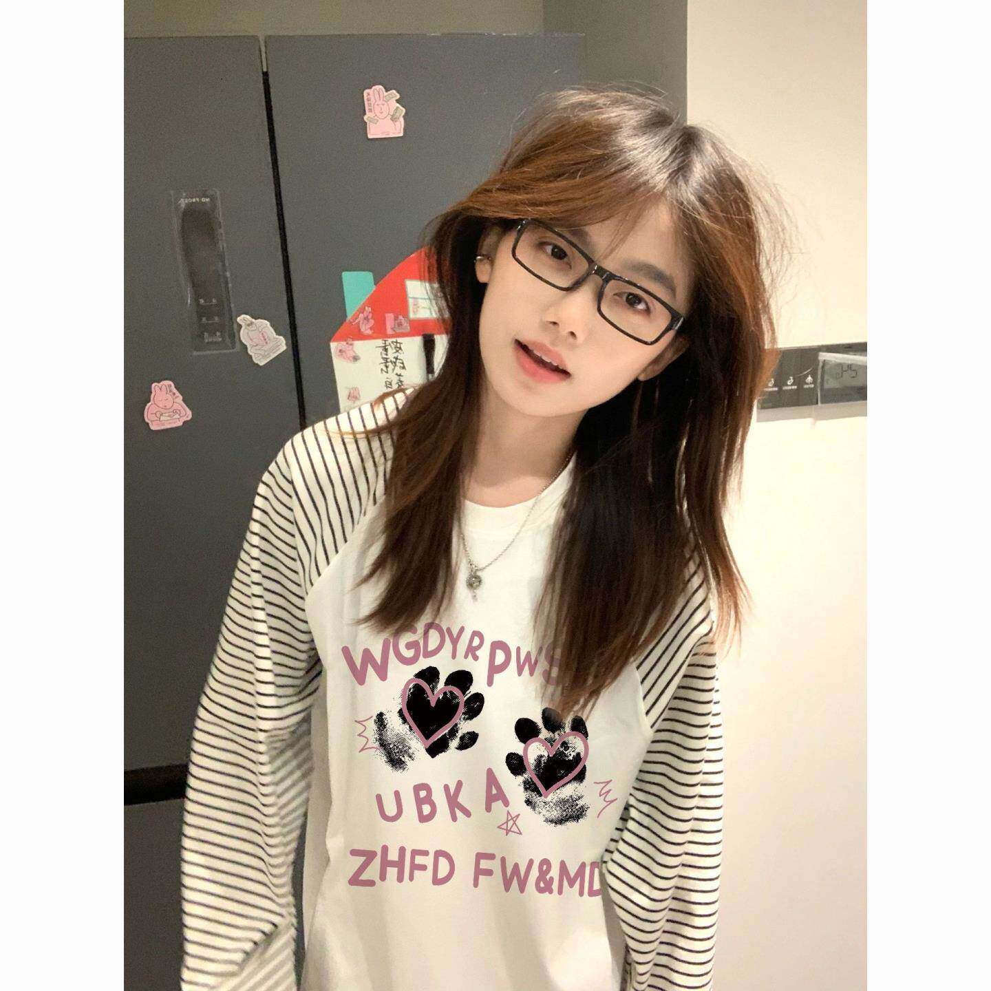 2026新款爆款春秋长袖t恤女条纹美式上衣宽松白色棉内搭打底衫
