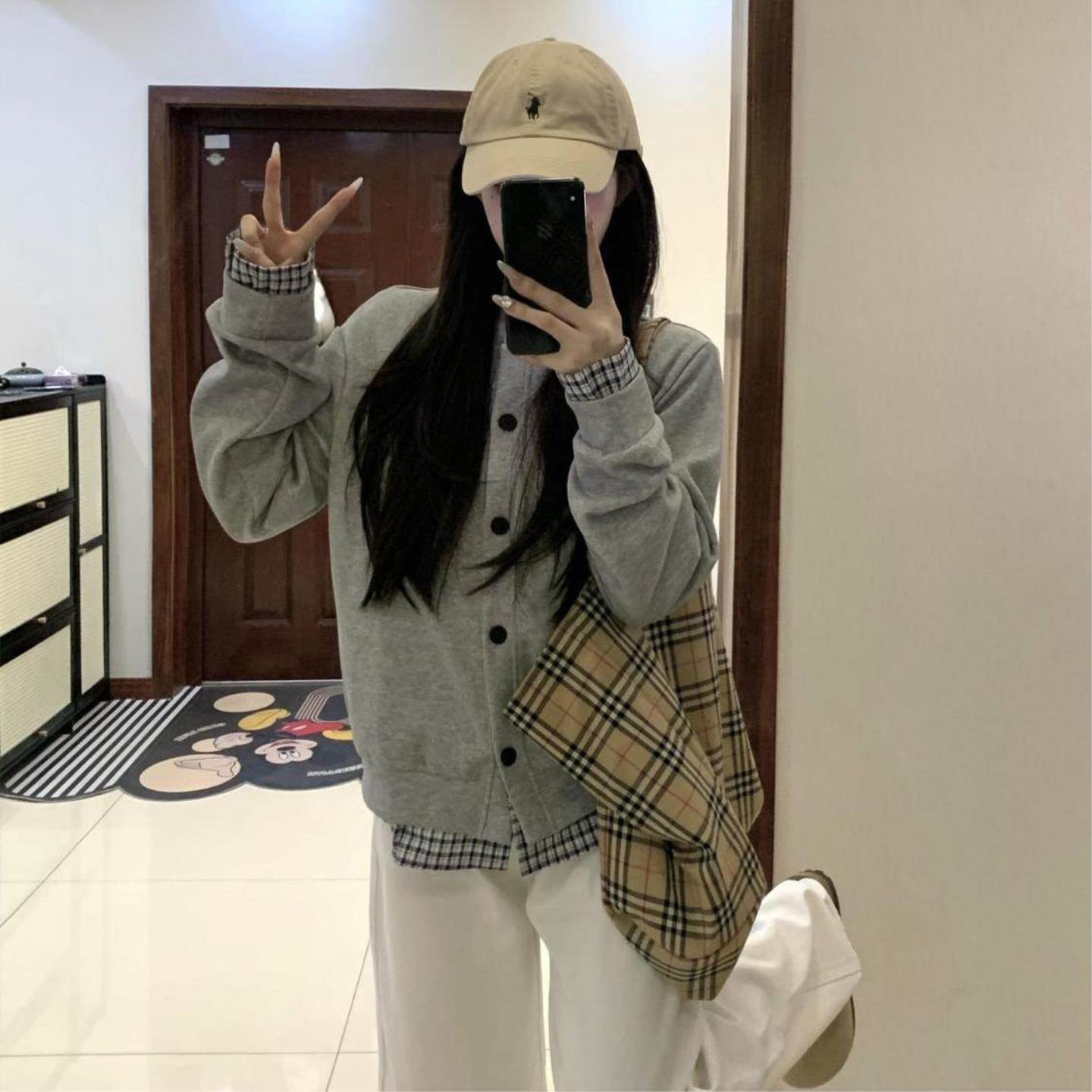 拼接假两件加厚外套女春秋新款休闲宽松复古韩系开衫卫衣外穿上衣