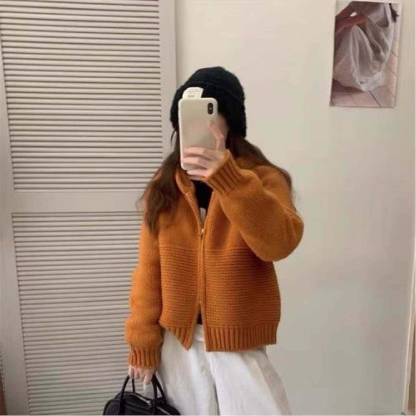 ZH连帽针织开衫女春夏韩系慵懒风宽松加厚毛衣卫衣双拉链外套