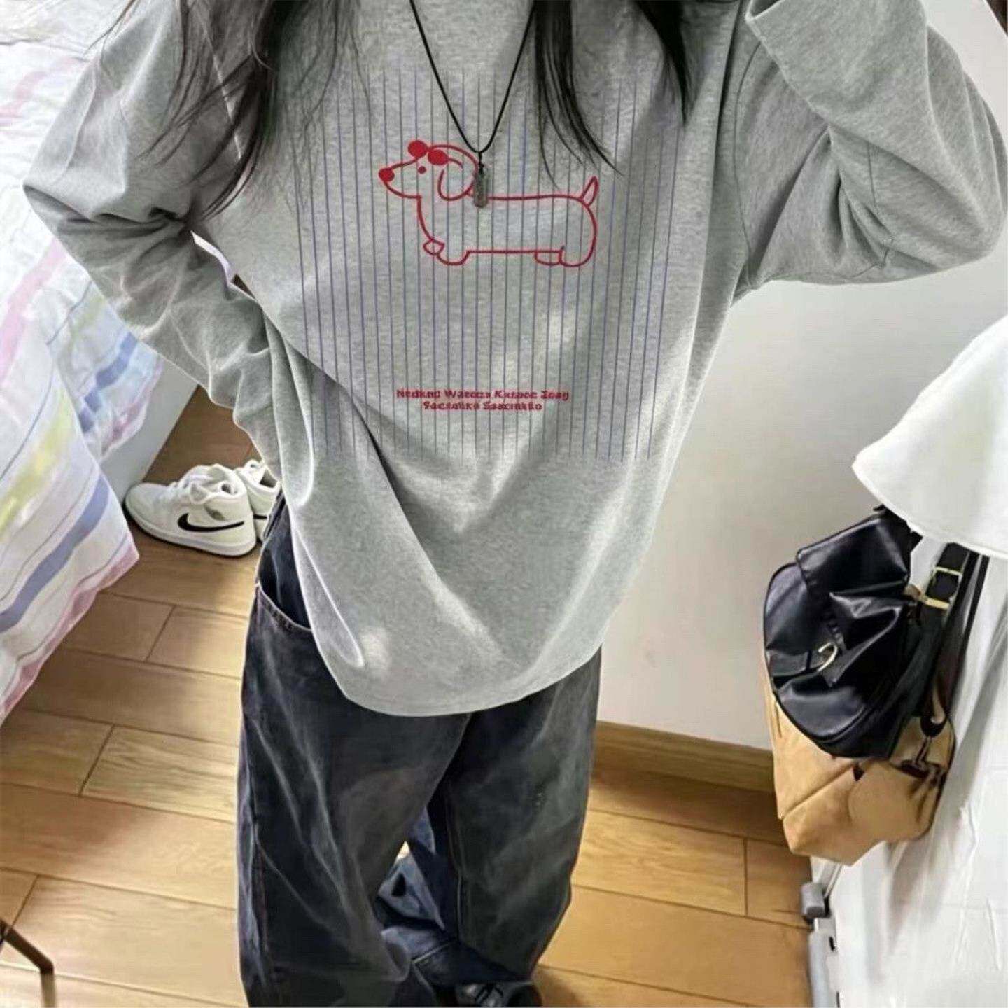 美式复古条纹印花狗狗长袖t恤女2026秋季新款宽松显瘦衣
