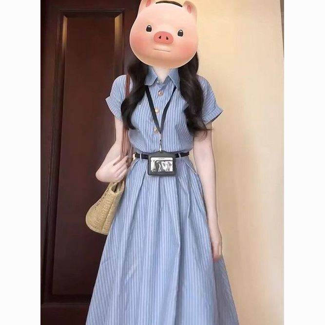2026新款韩系气质夏季蓝色POLO领文艺条纹连衣裙女装教资面试裙子