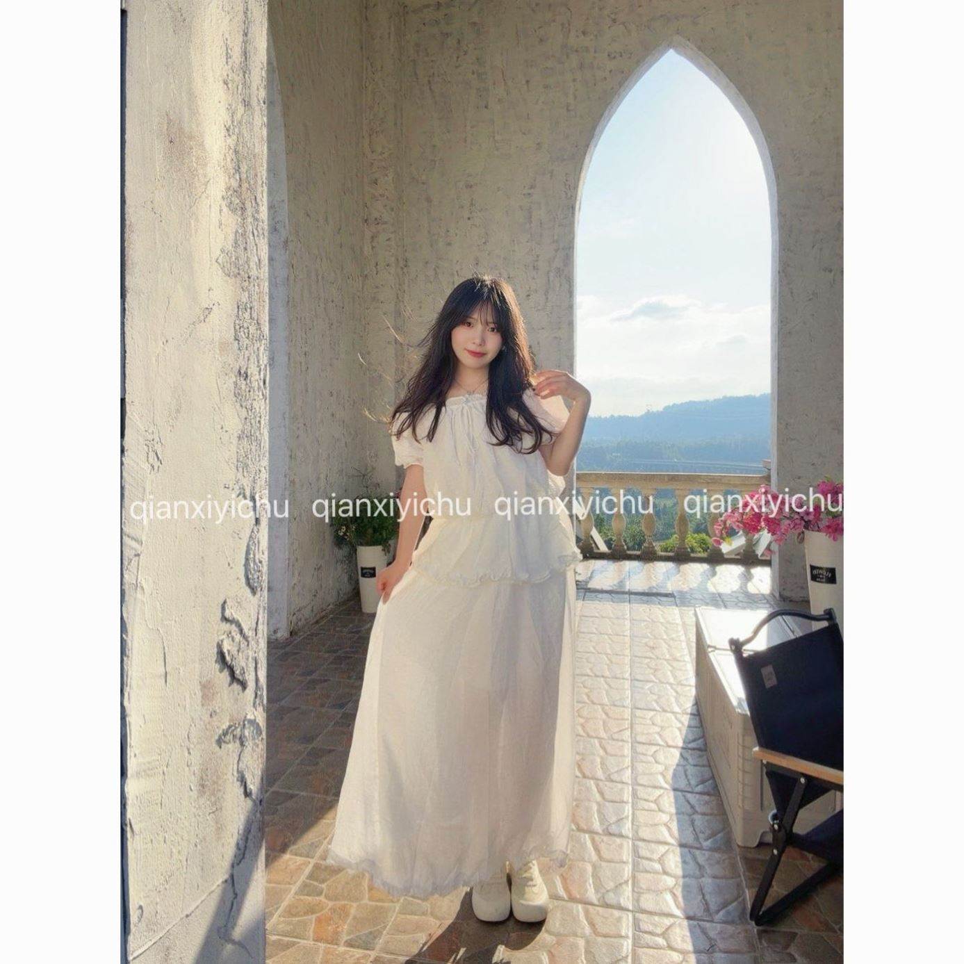 温柔一字肩木耳边两件套女夏季棉感宽松显瘦半身长裙套装超仙