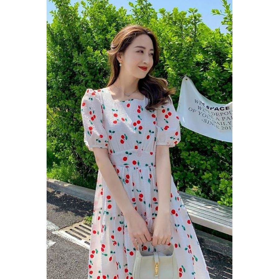 樱桃印花中长款仙女连衣裙2026年夏装新款韩版收腰显瘦休闲裙子潮