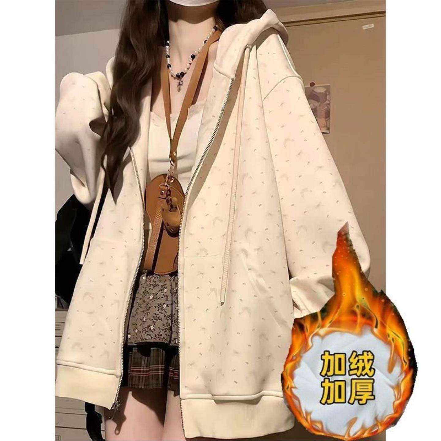 韩系蝴蝶结碎花连帽卫衣女春春季新款宽松百搭开衫拉链外套上衣