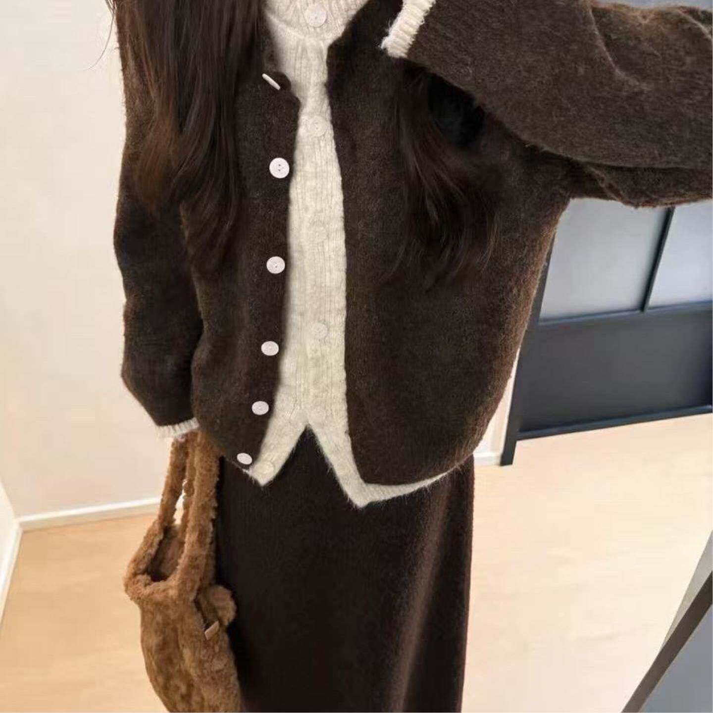 毛衣外套套装女秋冬2026新款慵懒半身裙高级绝美假两件针织两件套