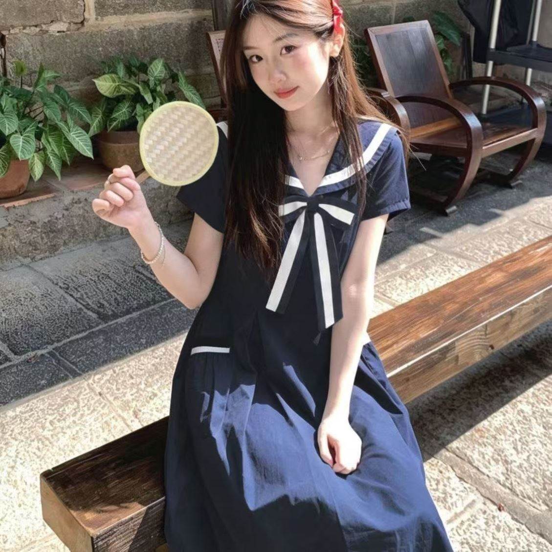 时尚日系学院风蝴蝶结海军领连衣裙藏蓝色无袖背心裙花苞裙