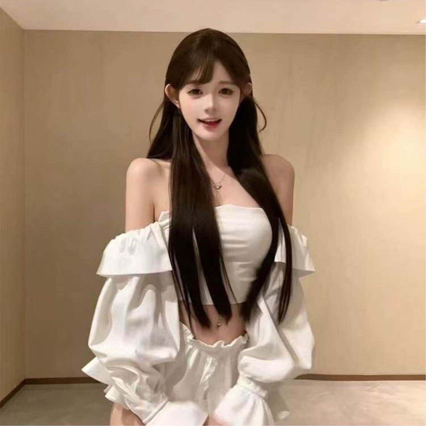 2026春季性感纯欲风一字肩长袖上衣女夏收腰显瘦短裙套装