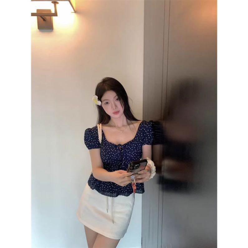 韩系chic小众泡泡袖短款T恤夏季甜辣妹修身收腰显瘦荷叶边上衣女