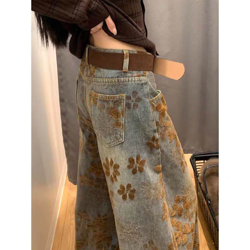 花色牛仔阔腿裤做旧提花牛仔裤女秋冬季复古时尚百搭显瘦新中式