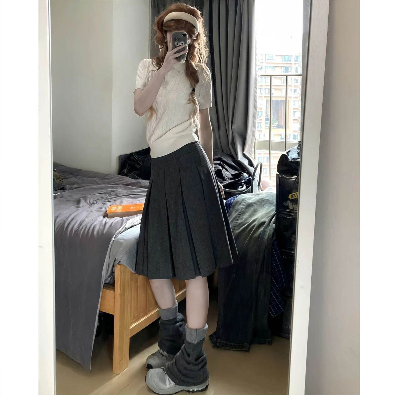日系感百褶裙女2026夏季新款校园风高腰遮胯显瘦灰色jk中长半身裙