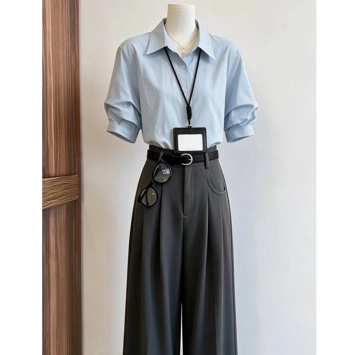 蓝色泡泡短袖职业衬衫女夏季新款事业编穿搭正装公务员面试套装裤