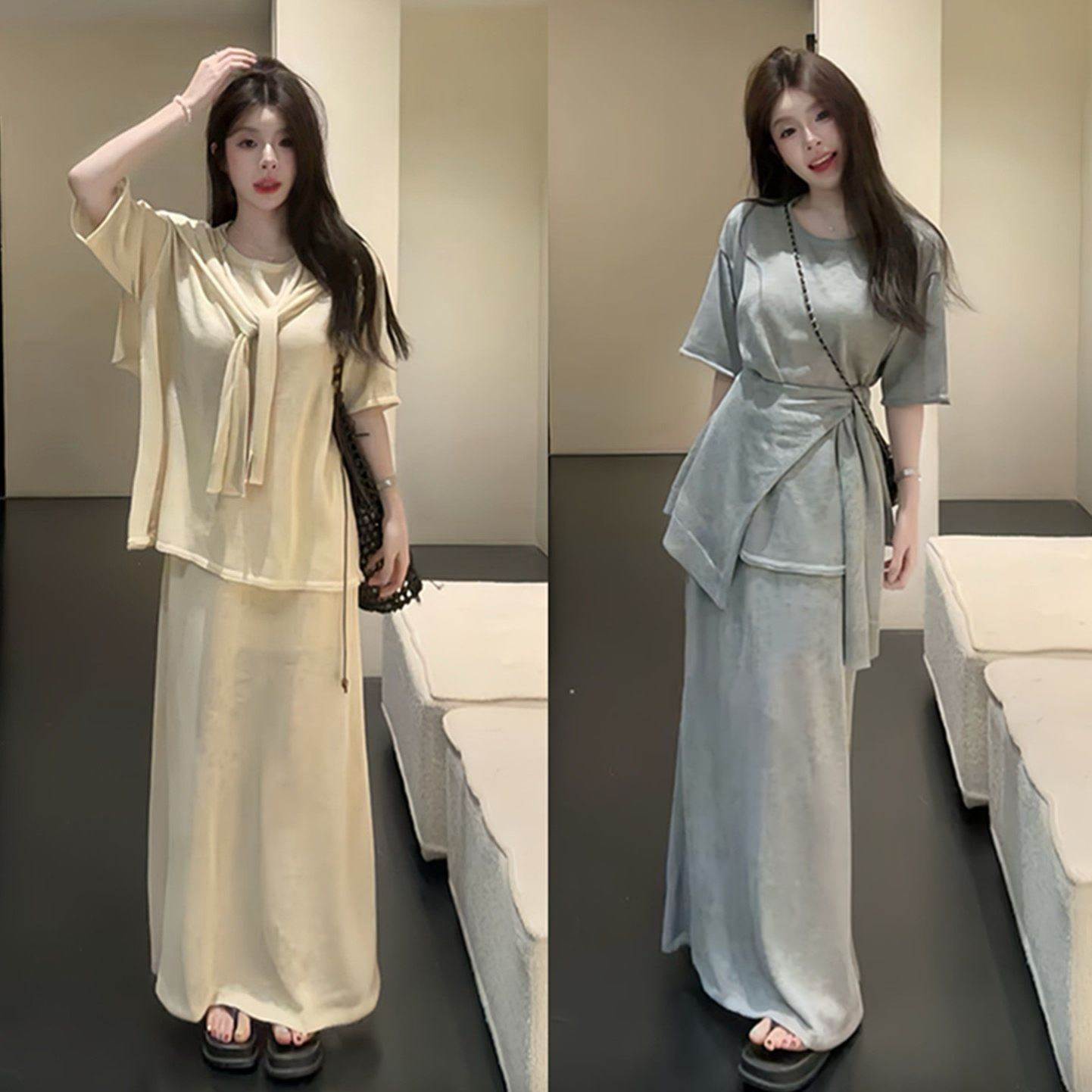 可盐可甜慵懒风三件套女夏季宽松显瘦短袖上衣高腰垂感半身裙套装