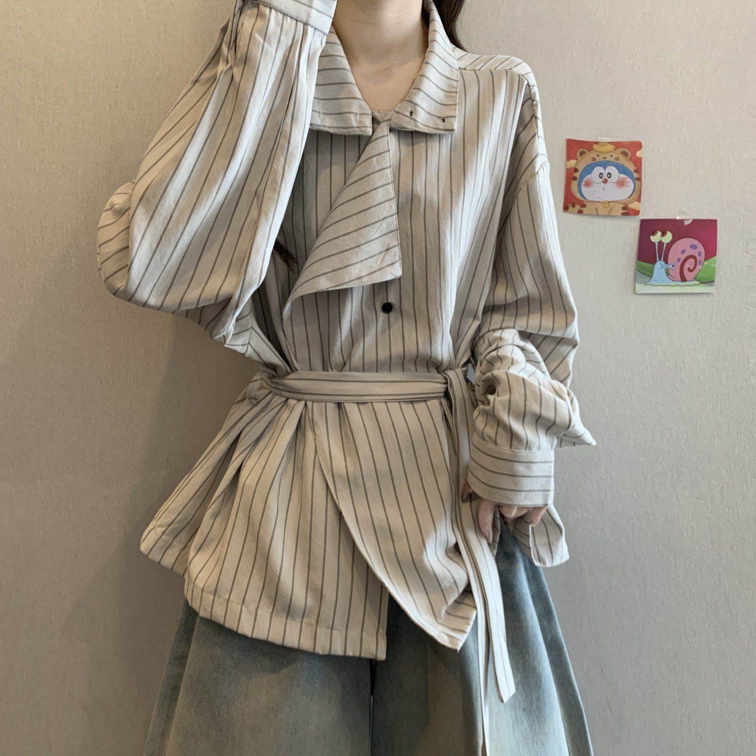 立领条纹长袖衬衫女春季新款大码胖mm显瘦高级设计感系带收腰上衣