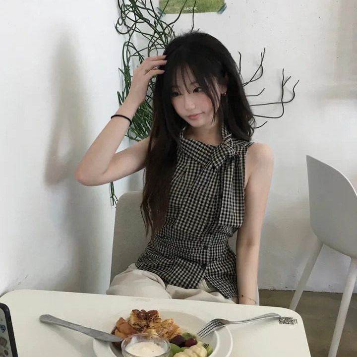 韩版不规则系带格子背心女夏季2026新款收腰显瘦设计感无袖上衣潮