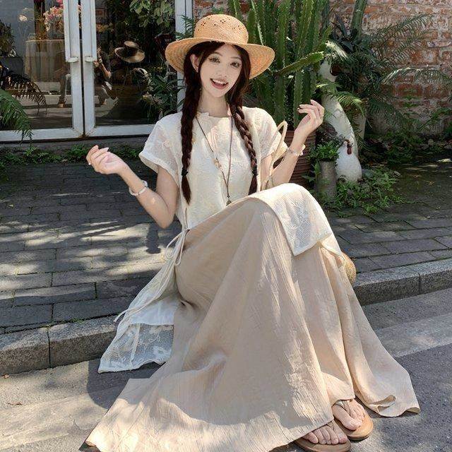 大码新中式改良旗袍蕾丝连衣裙夏季胖mm高腰遮肉半身裙叠穿两件套