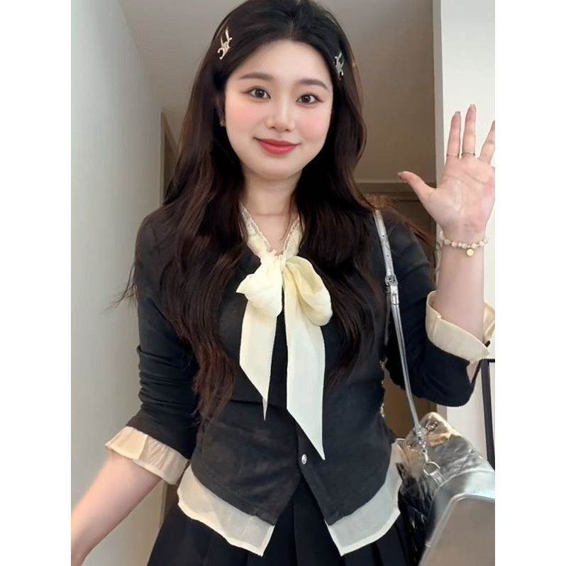 大码设计感法式蝴蝶结系带撞色衬衫春秋新款气质通勤遮肉显瘦上衣