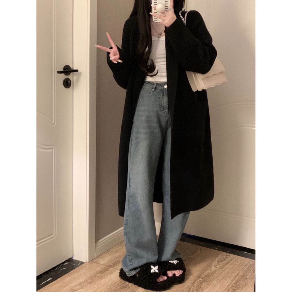 秋秋季慵懒风过膝中长款针织开衫女宽松甜美软糯温柔纯色毛衣外套