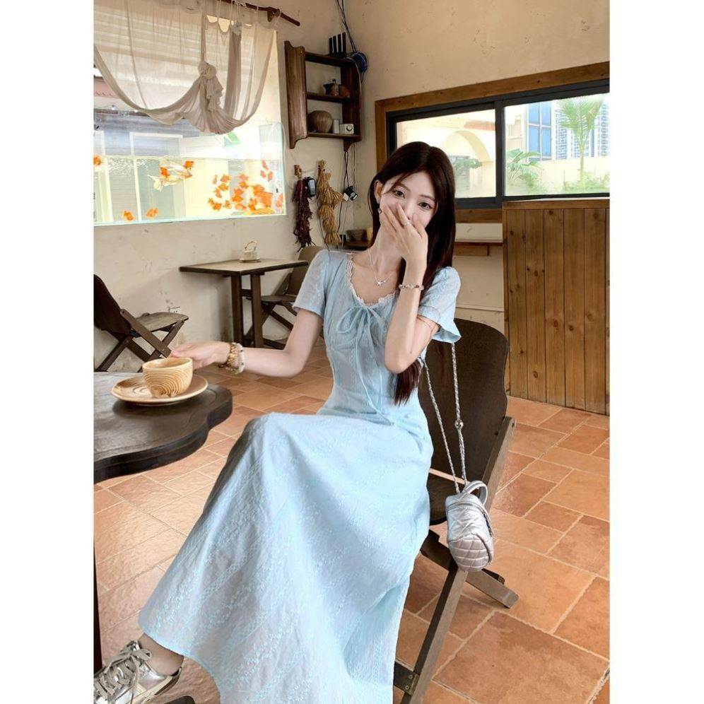 韩系温柔风蕾丝拼接短袖连衣裙女夏季蓝色假两件气质收腰a字短裙