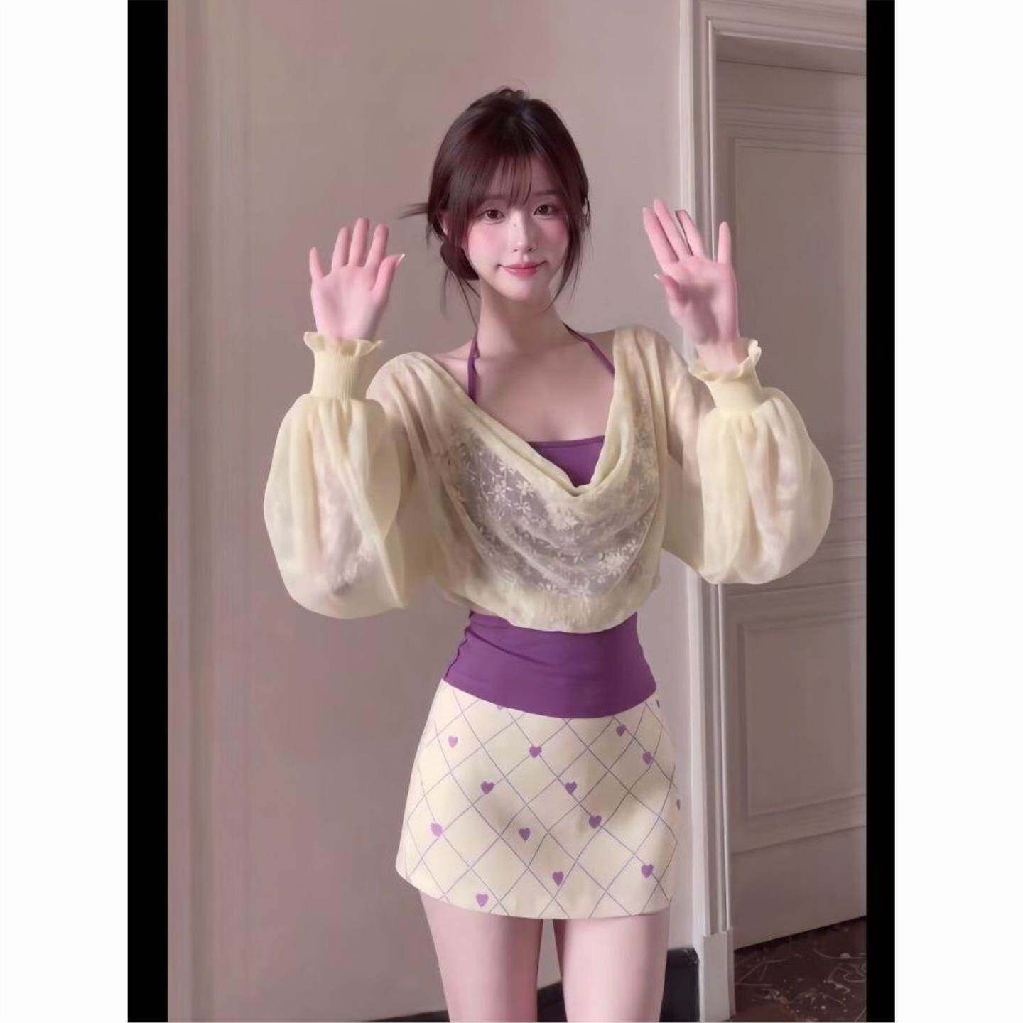 2026紫色碎花连衣裙子女早秋韩系穿搭一整套装包臀短裙