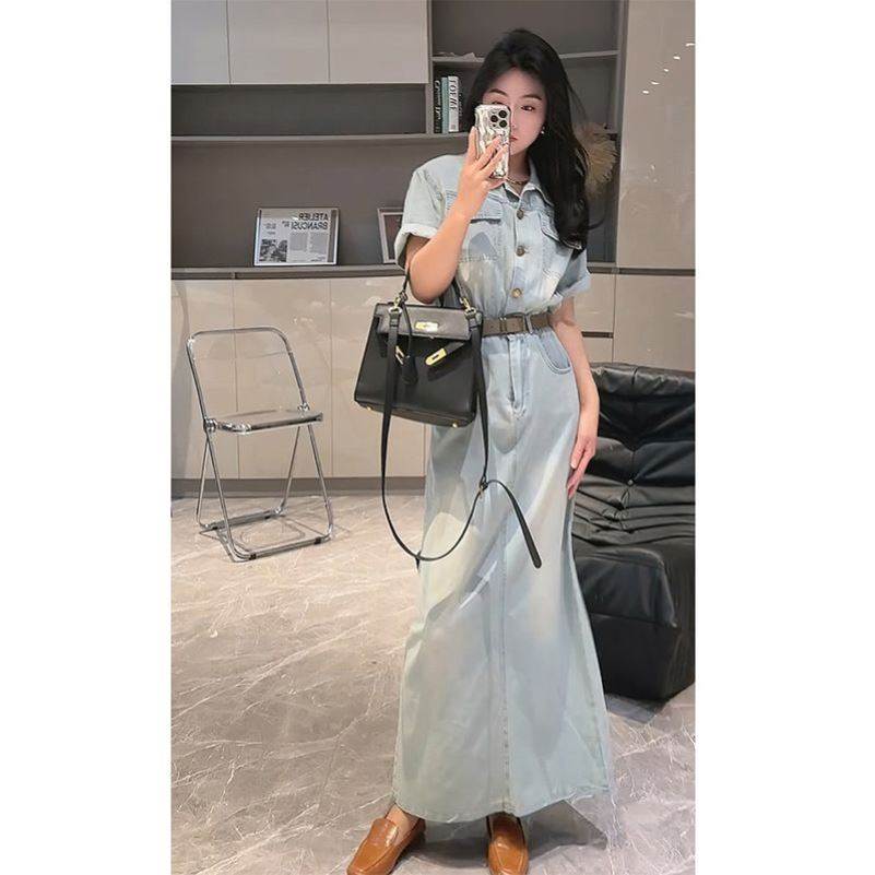 韩版时尚翻领短袖牛仔连衣裙女夏季新款高腰显瘦收腰气质包臀长裙