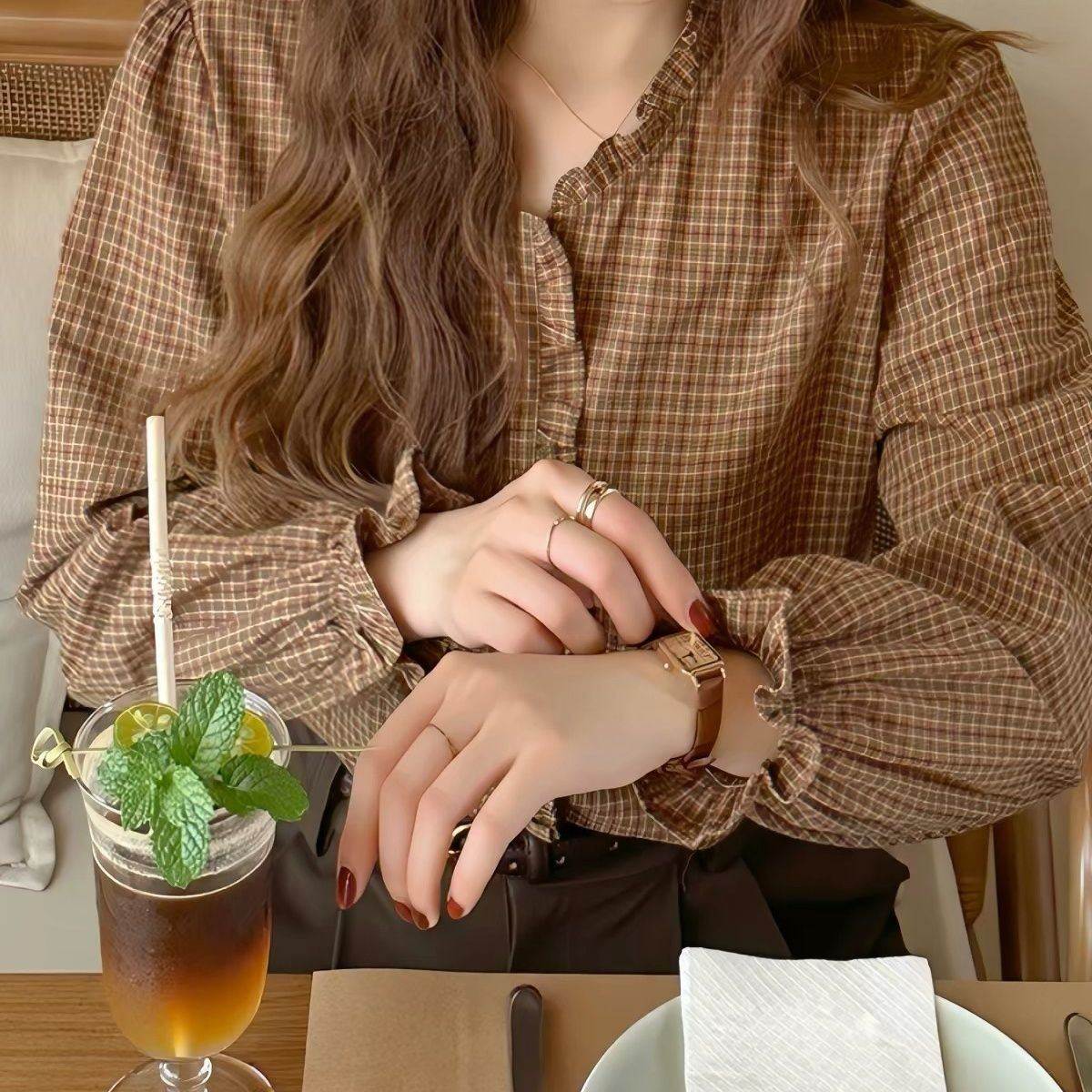 复古木耳边格子衬衫春季棉格纹美拉德齐肩宽松上衣